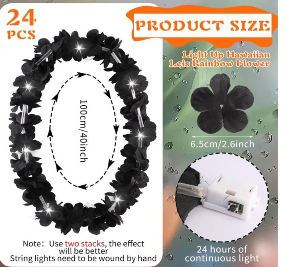 HALLOWEEN PARTY 48 Pcs PURPLE LED Leis Light up Hawaiian BLACK Leis Necklace